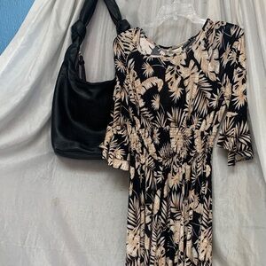 Black Maxi Dress with Beige Tropical Print - Smocked Waist
